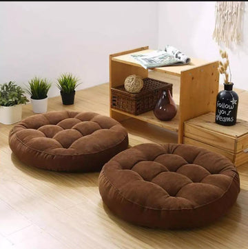 Pair of Round Floor Cushions Ball Fabric Filled - Brown