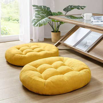 Pair of Round Floor Cushions Ball Fabric Filled - Yellow