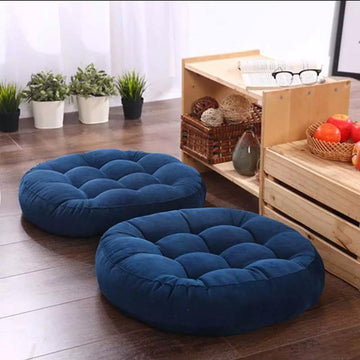 Pair of Round Floor Cushions Ball Fabric Filled - Blue